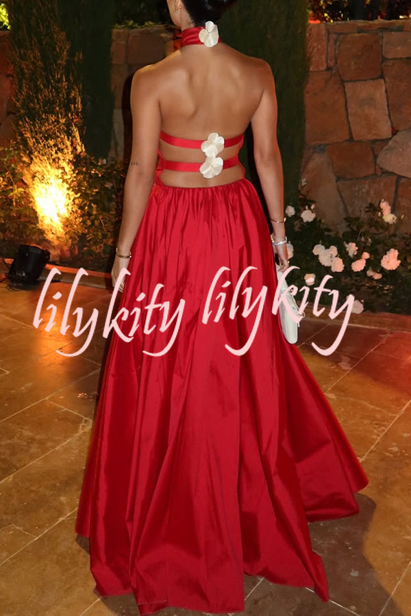 Festive Red Satin Floral Details Open Back Halter Elastic Waist Maxi Dress
