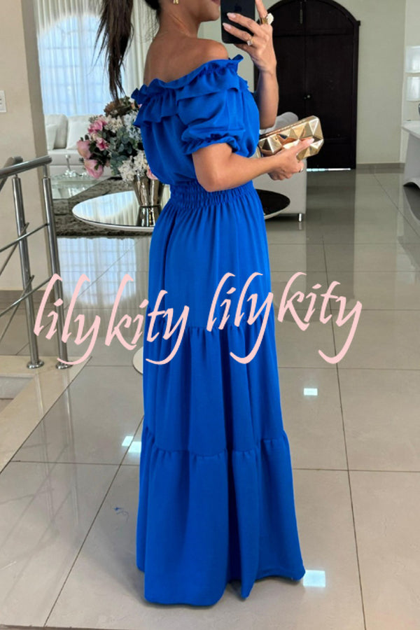 Admit Your Feelings Off Shoulder Smocked Waist Maxi Dress
