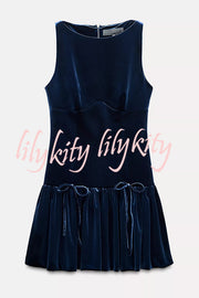 Solid Velvet Bow Embellished Sleeveless Mini Dress