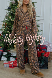 Paige Ribbed Leopard Print Loose Shirt and Elastic Waist Pocketed Pajama Set