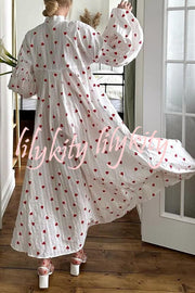 Cute Heart Print Puff Sleeve Loose Shirt Style Maxi Dress