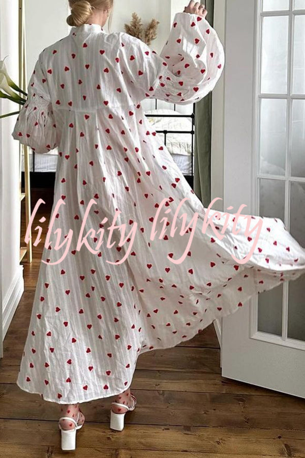 Cute Heart Print Puff Sleeve Loose Shirt Style Maxi Dress