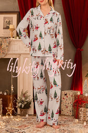 Christmas Holiday Print Long Sleeve Pocket Top and Elastic Waist Loose Pants Set