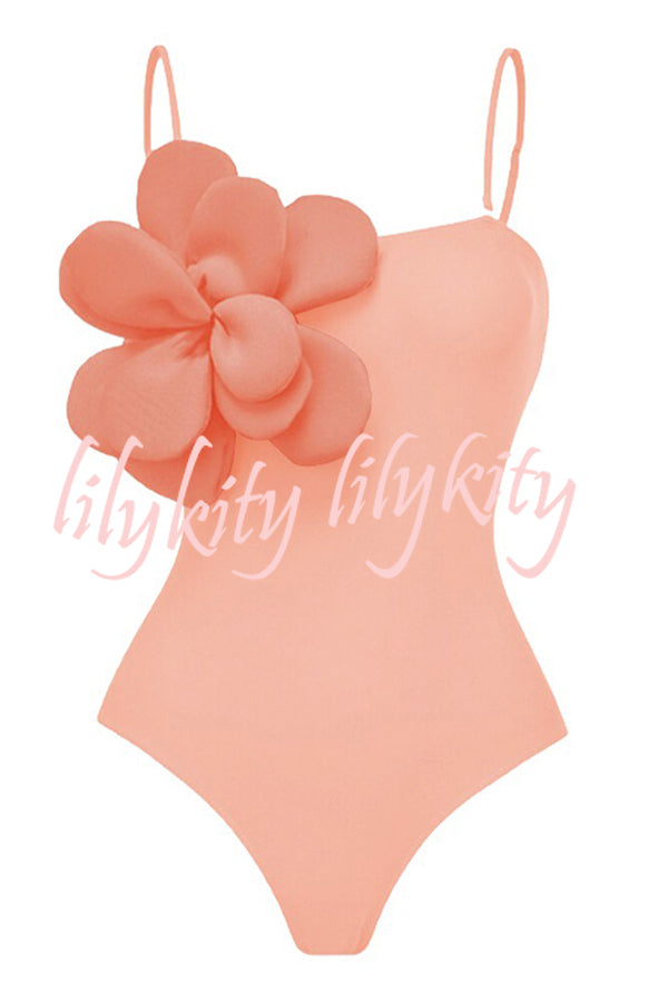 Solid Color Large Flower Decoration Sling Stretch One-piece Swimsuit