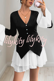 Fashionable Contrast Color Panel Long Sleeve Ruffled Mini Dress