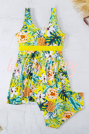 Cheerful Floral Print Bow Detail Tankini Swimsuit Set