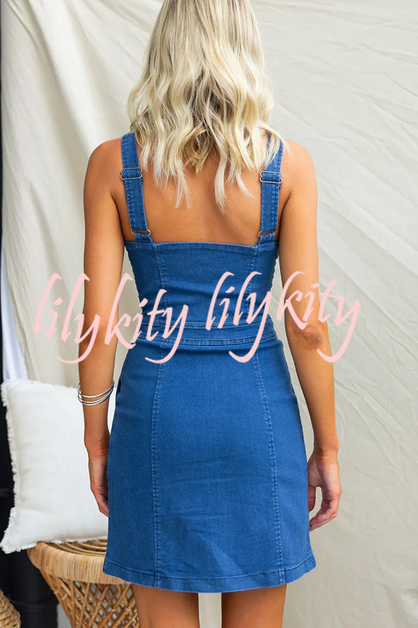 Nylah Denim Front Center Zipper Princess Line Pocket Stretch Mini Dress