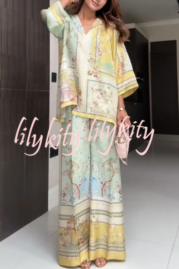 Elonie Satin Floral Print V-neck Half Sleeve Top and Elastic Waist Wide Leg Pants Set