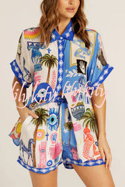 Unique Printed Short-sleeved Casual Loose Shirt and Elastic Waist Drawstring Pocket Shorts Set