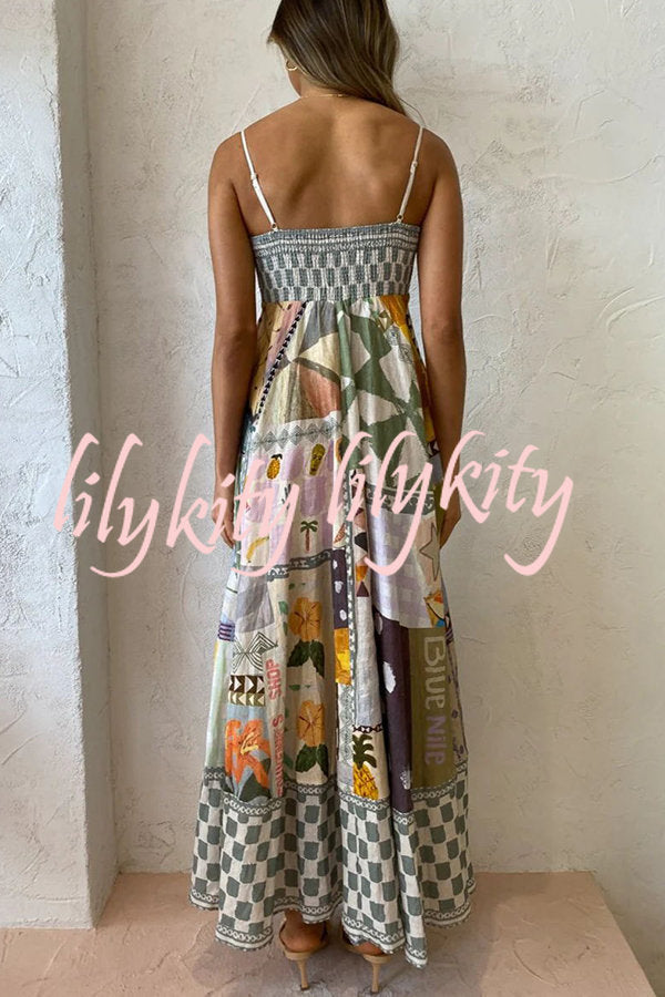 Wonderful Weekend Linen Blend Unique Print Smocked Back Pocketed Midi Dress