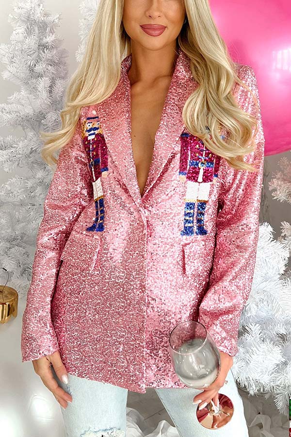 Make Your Christmas High Sequin Nutcracker Lapel Loose Blazer