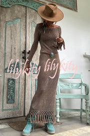 Bailey Knit Long Sleeve Pattern Hollow Out Tassel Trim Maxi Dress