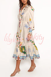 Calie Satin Unique Print Button Rope Belted Pocket Loose Shirt Midi Dress