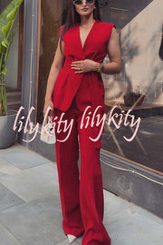 Keep It Classic V-neck Belted Vest and Mid Rise Pocket Wide Leg Pants Set