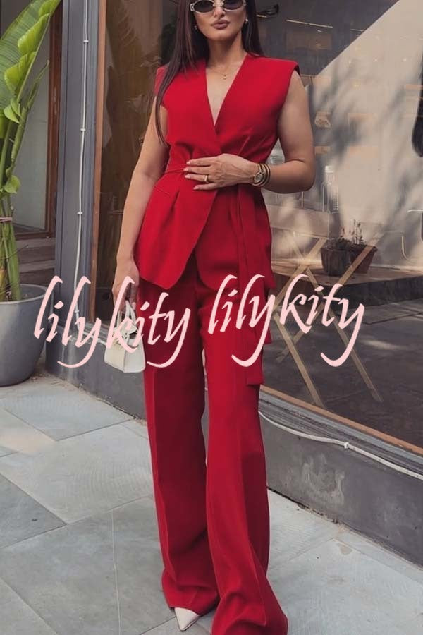 Keep It Classic V-neck Belted Vest and Mid Rise Pocket Wide Leg Pants Set