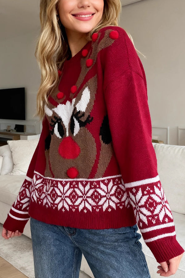Christmas Reindeer Pattern Long-sleeved Loose Knit Sweater