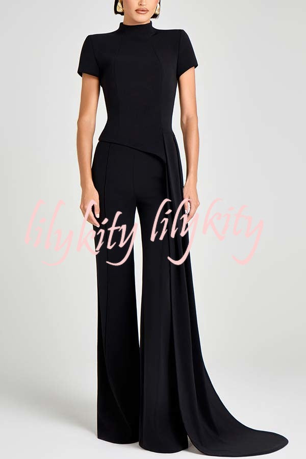 Pippa High Neck Short Sleeve Irregular Drape Hem Top and Elastic Waist Flare Pants Set