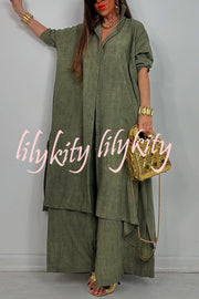 Solid Color Casual Loose Long Shirt and Elastic Waist Pocket Wide Leg Pants Set