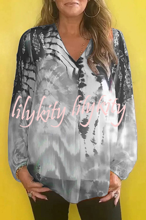 Fashionable Gradient Tie-dye V-neck Long-sleeved Casual Shirt