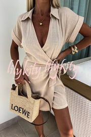 Relaxing Beach Linen Blend Solid Color Wrap Loose Shirt Romper