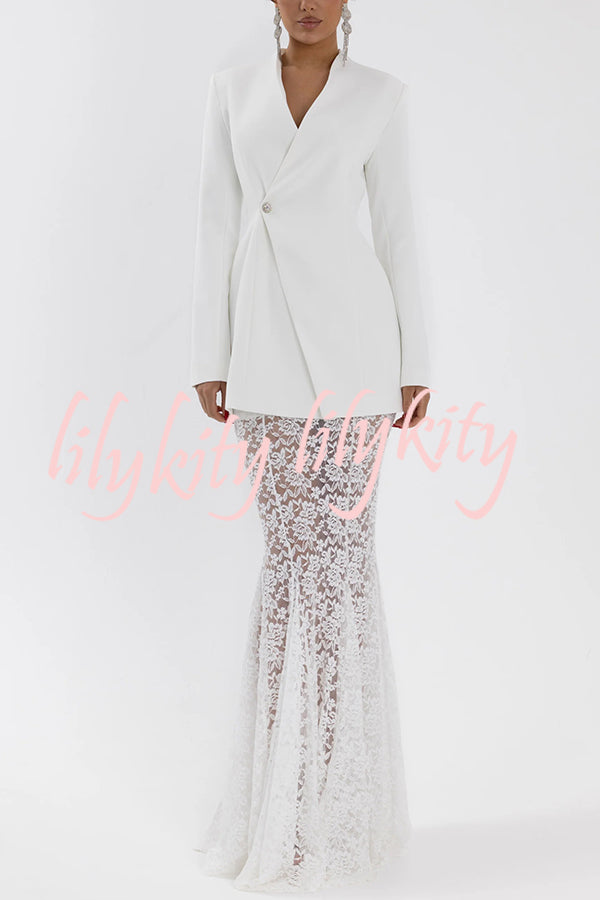 Poetic Muse Stand V-neck Rhinestone Button Up Long Sleeve Blazer