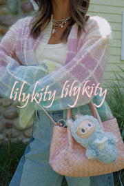 Palette Day Knit Color Blocks Open Front Balloon Sleeve Loose Cardigan