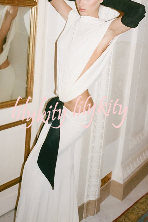 Sexy Open Back Bow Embellished Elegant Fishtail Maxi Dress