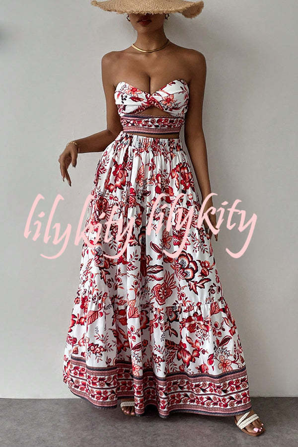 Floral Print Cutout Bandeau Top and Elastic Waist Full Maxi Skirt Set
