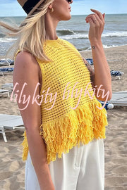 Solid Color Round Neck Sleeveless Hollow Tassel Loose Vest