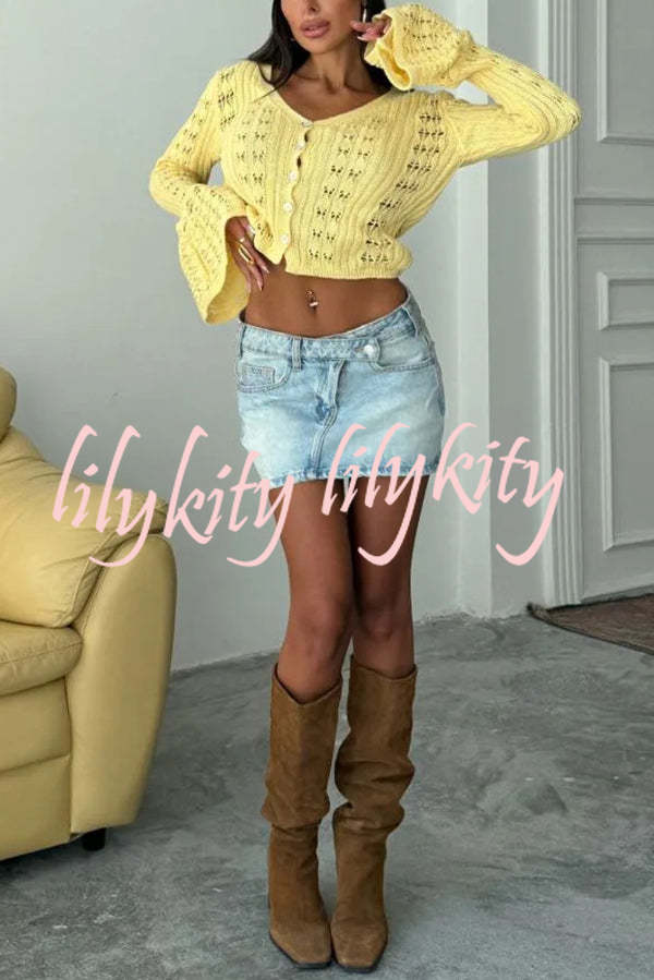 Fashion Hollow Button Long Sleeve V-neck Knitted Cardigan