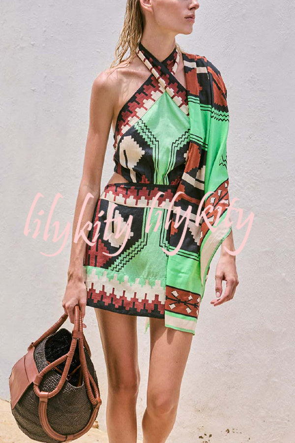 Unique Print Sexy Halter Backless Holiday Mini Dress