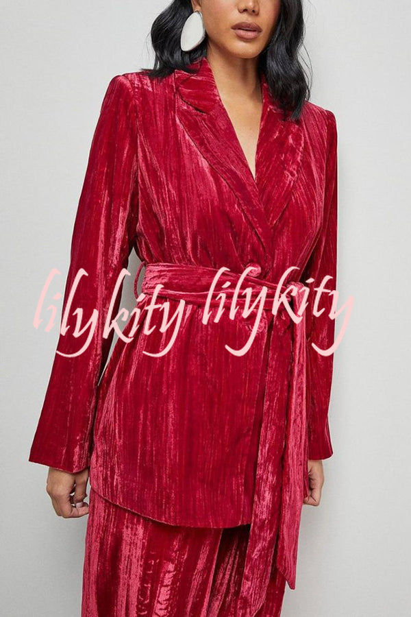 Solid Color Velvet Long-sleeved Waist Tie Top and Elastic Waist Casual Pocket Straight-leg Pants Set