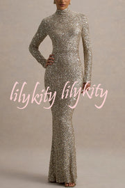 Galaxy Premium Sequin Turtle Neck Long Sleeve Maxi Dress