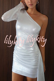 Sexy Asymmetric One-sleeve Pleated Stretch Slim Mini Dress