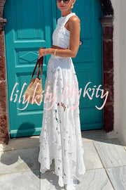 Next Trip Floral Embroidery Crochet Lace Crop Tank Top and Elastic Waist Pocket Maxi Skirt Set