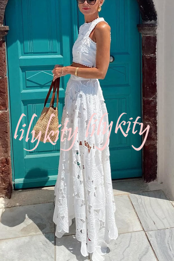 Next Trip Floral Embroidery Crochet Lace Crop Tank Top and Elastic Waist Pocket Maxi Skirt Set
