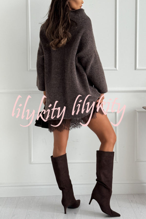 Cozy Ember Knit High Neck Long Sleeve Relaxed Sweater Mini Dress