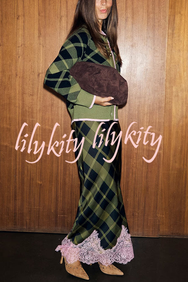 Holiday plaid Satin Unique Print Patchwork Lace Stretch Waist Draped Maxi Skirt