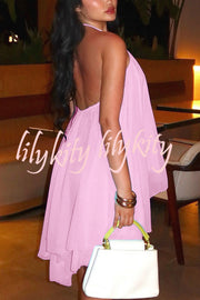 Chiffon Solid Color Halter Backless Irregular Mini Dress