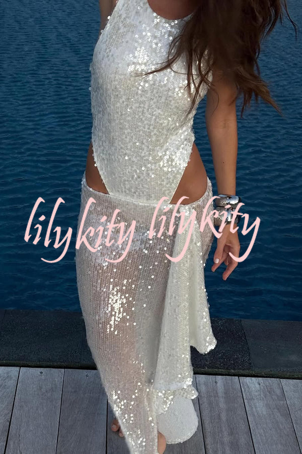 Fashion Sequin Sleeveless Fitted Rompers and Holiday Slit Maxi Skirt Set