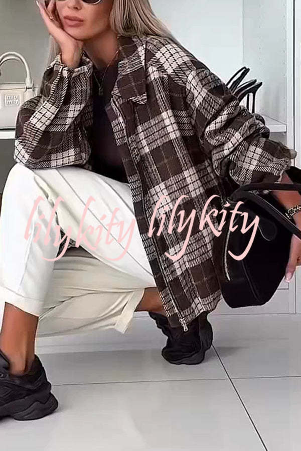 Fashion Plaid Print Lapel Long Sleeve Loose Zipper Jacket
