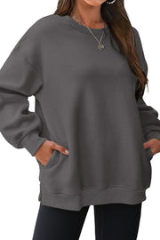 Solid Color Round Neck Pocket Loose Warm Long Sleeve Sweatshirt