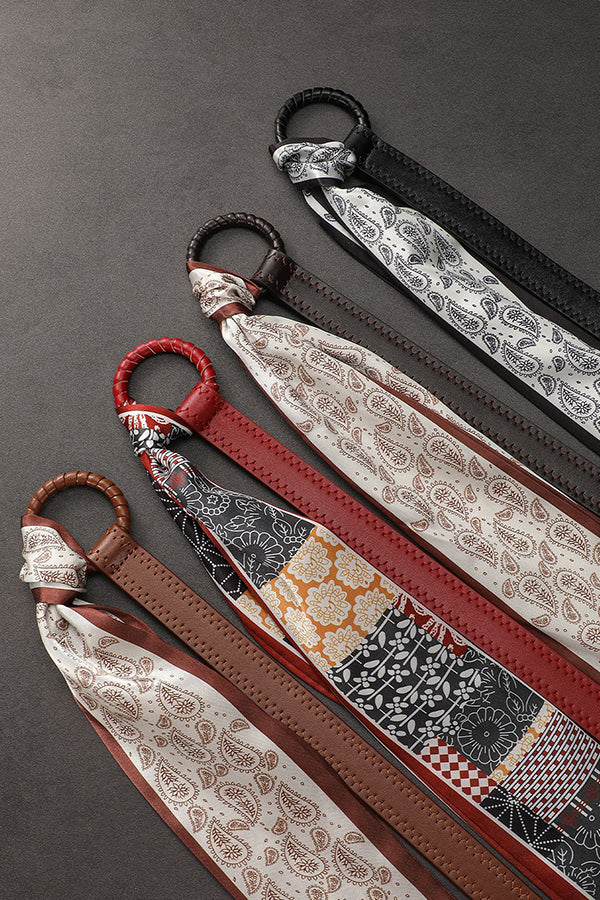Vintage Silk Scarf Leather Thin Belt