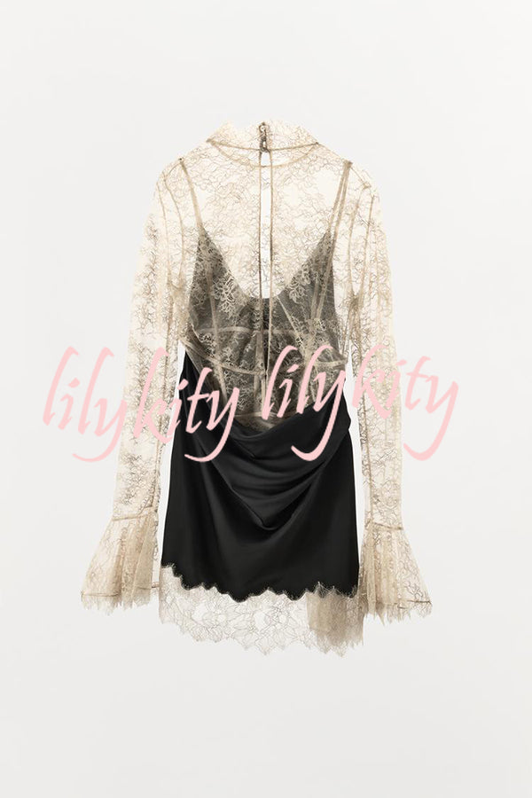 Gothic Romantic Lace Satin Patchwork High Neck Bell Sleeve Loose Mini Dress