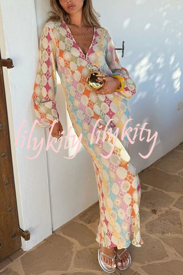 Gorgeous Sunshine Colorful Unique Print Kimono Puff Sleeve Midi Dress