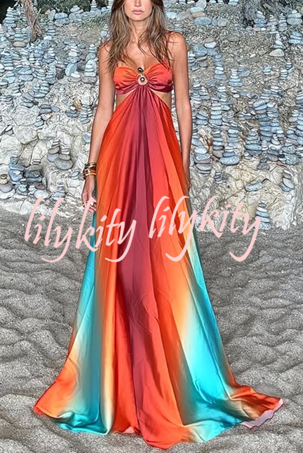 Neon Sunset Printed Metal Decoration Cutout Back Tie-up Vacation Maxi Dress