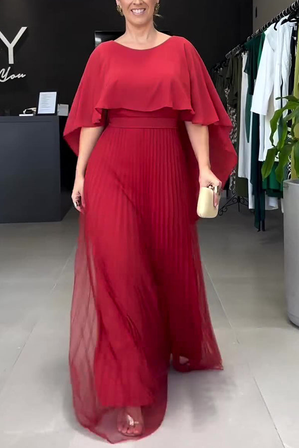 Ready for Holiday Cape Sleeve Tie-up Pleated Maxi Dress