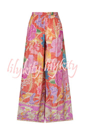 Painter's Garden Boho Floral Print  Elastic Waist Pocketed Wide Leg Pants