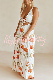 Eliska Linen Blend Poppy Print Cutout Contrast Trim A-line Maxi Dress