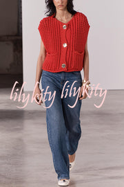 Solid Color Sleeveless Pocket Knitted Vest